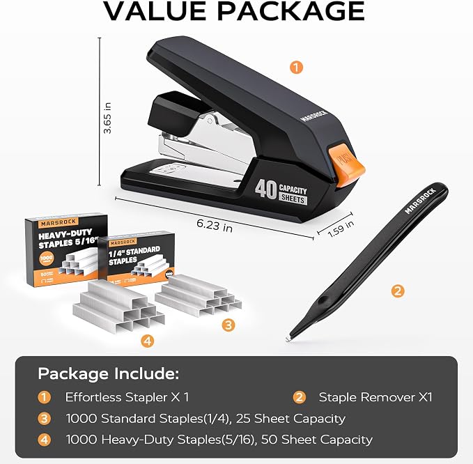 MARSROCK Effortless Stapler for Desk with 40-50 Sheet Capacity, 2000 Staples, 1-Touch Stapling, Ergonomic & Easy to Load Desktop Staplers, Heavy Duty Stapler, and Magnetic Staple Remover, Black
