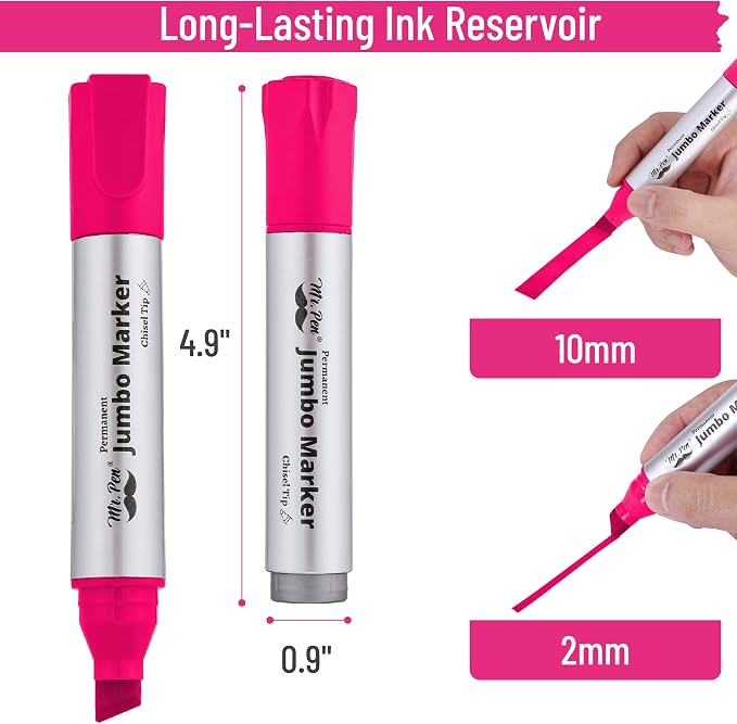 Mr. Pen- Jumbo Permanent Markers, 4 Pack, Pink, Chisel Tip, Wide Tip, Large | Thick Permanent Markers for Canvas, Posters Board, Fabric, Window, Glass, Wood, Waterproof, Quick Dry