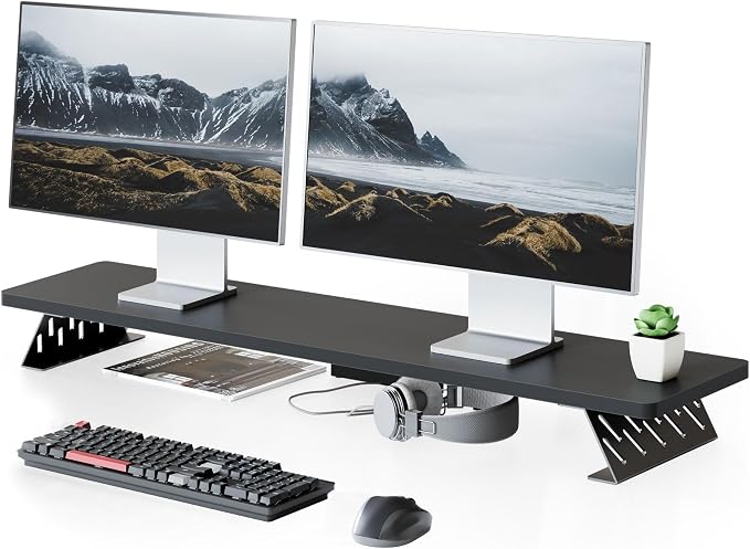 Fenge Monitor Stand Riser, Wooden & Metal Desk Shelf Organizer, Black | 42.5 Inch Dual Monitor Riser for 2 Monitors, Multifunctional Monitor Shelf for Laptop, PC, Printer