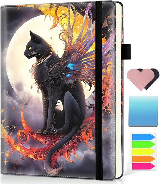 Hardcover Executive Notebooks, A5 PU Leather Lined Journal Notebook, 200 Pages Thick Paper Subject Notebooks for School,Work,Home Writing Business Notebook, Diary Book ， Moon Cat
