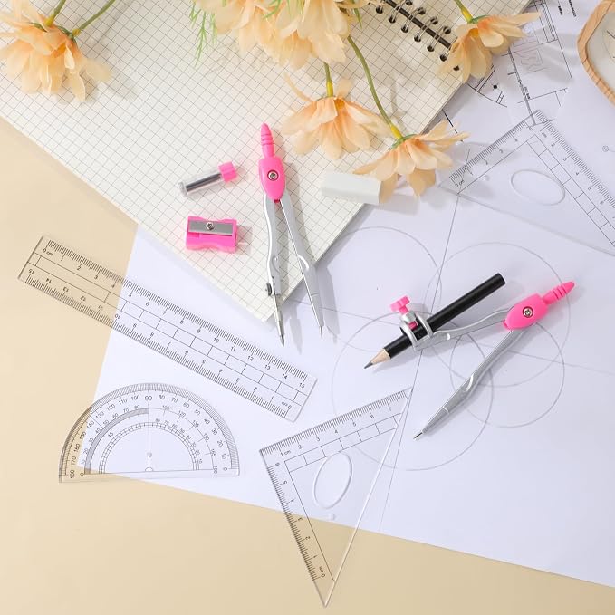 Zonon Math Geometry Set for Students 10 Pcs Compass Geometry Tools Kit Includes Protractor Compass Lead Refills Rulers Pencil Sharpener Eraser Pencil Storage Box for Drafting and Drawings(Pink)