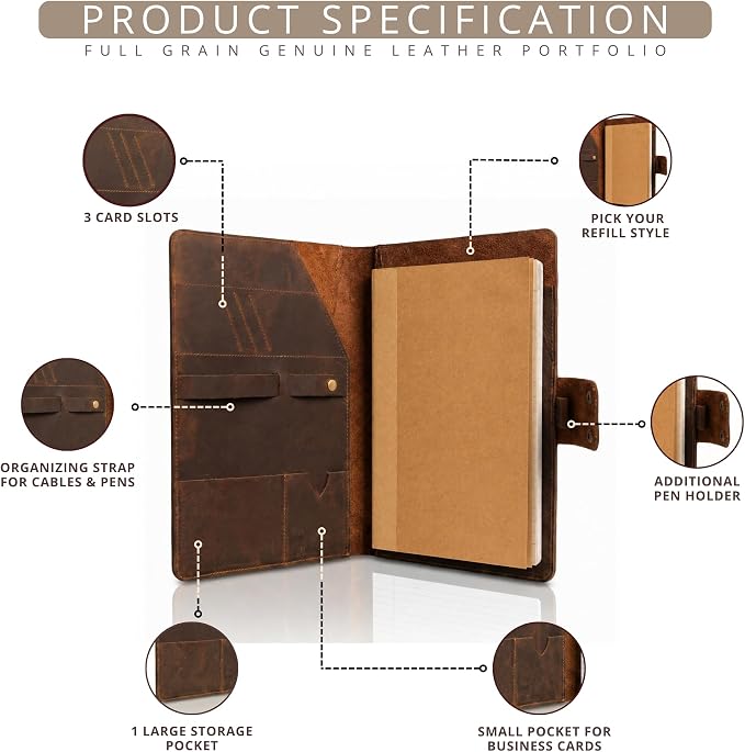 Personalized Leather Portfolio Journal for Men, Women - Custom Business & Organizer A4 A5 Document Binder for Coworker, Employee, Retirement, Company, Office Gifts, Gift for Him, Her, Father’s Day
