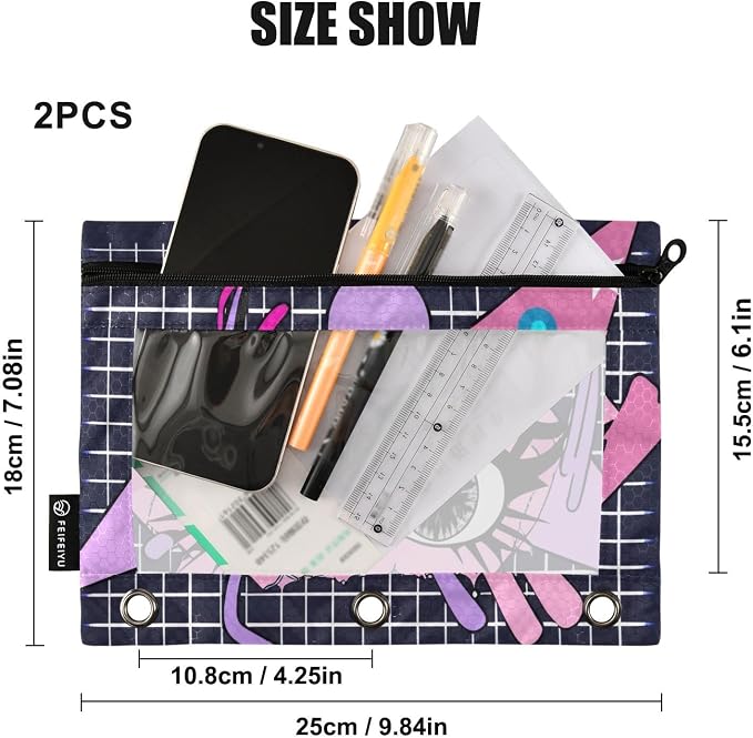 Cartoon Anime Eyes Pencil Pouch Fits standard 3-ring binders, Zipper Binder Pencil Bag with Clear Window for Office 2 Pack