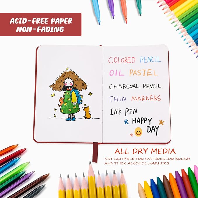Mix Media Pad,3.5"x5.5" Small Hardcover Leather Art Sketchbook,60 Sheets(112lb/180gsm) Heavyweight Acid Free Artistic Painting Drawing Sketching Paper, Handy Pocket Journal Sketchbook.Wine Red