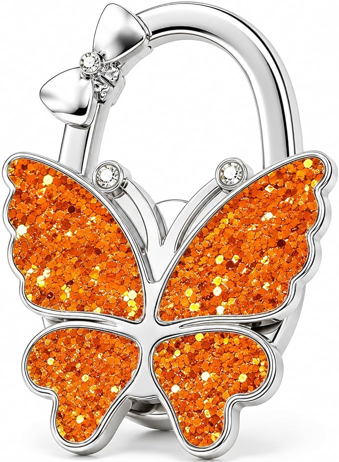 Purse Hook for Table, Foldable Handbag Hanger for Women, Portable Bag Holder with Non-Slip Base, Cute Sequin Orange Butterfly Purse Table Hook for Restaurant Office Travel Gift