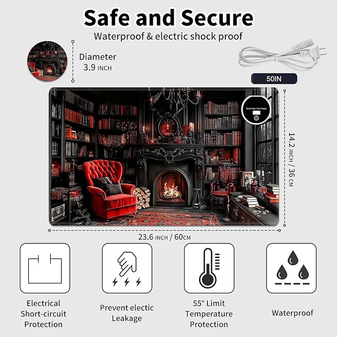 Heated Desk Pad Mouse Pad,Heated Desk Mat,with 3 Heating Levels & 3 Hours Auto Shut-Off,Leather 23.6"*14.2" Gaming Mouse Laptop Mat,Foot Warmer,Retro Bookshelf Red