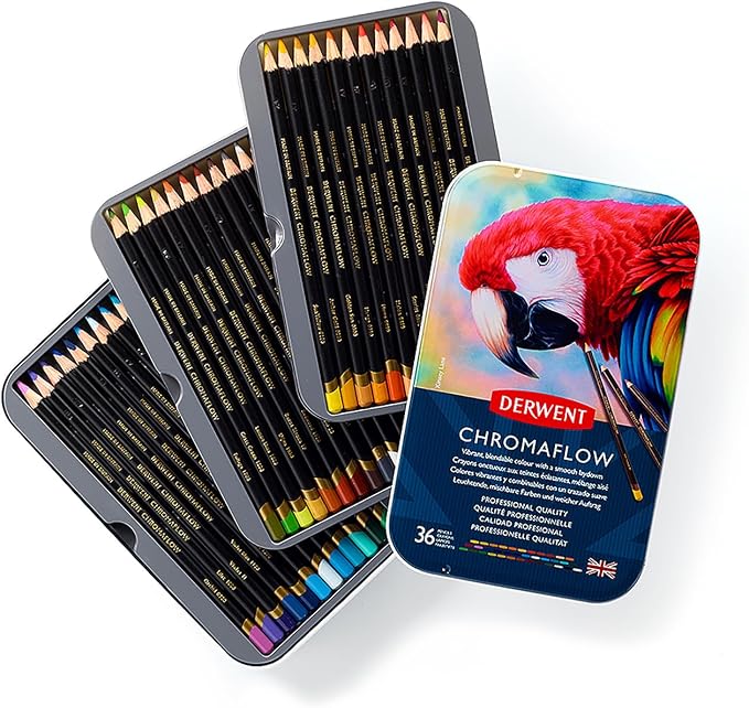 Derwent Chromaflow Colored Pencils 36 Tin, Set of 36, 4mm Wide Core, Multicolor, Smooth Texture, Art Supplies for Drawing, Blending, Sketching, Adult Coloring, Premier, Professional Quality (2306012)