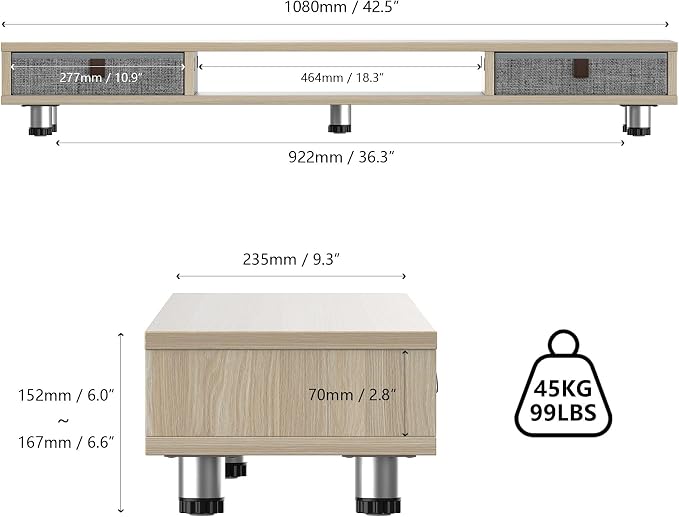 Fenge Dual Monitor Stand, 2-Tier Desk Organizer with Drawers, 42.5in, Oak | Monitor Riser with Storage, Ergonomic Height Adjustable Computer Stand, Desk Shelf for Top of Desk, Laptop, PC, TV
