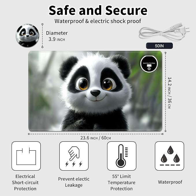 Heated Desk Pad Mouse Pad,Heated Desk Mat,with 3 Heating Levels & 3 Hours Auto Shut-Off,Leather 23.6"*14.2" Gaming Mouse Laptop Mat,Foot Warmer,Cute Panda Snow