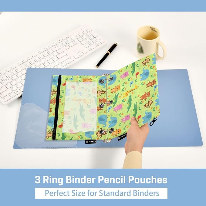 Emelivor Cartoon Animals Green Pencil Pouch for 3 Ring Binder 2 Pack Binder Pencil Case with Clear Window Pencils Bags with Zipper for Office Daily College Home Supplies