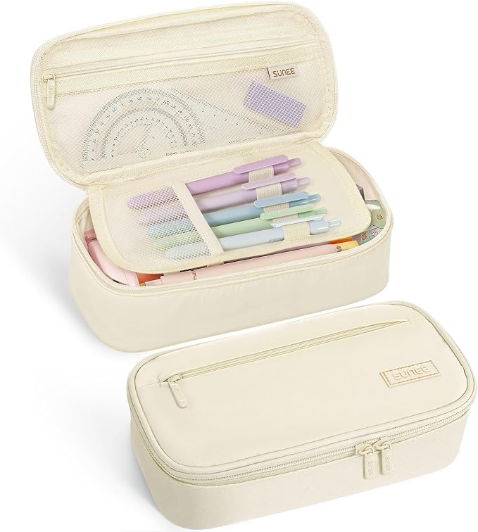 SUNEE Cute Pencil Case, Large Capacity Pencil Pouch, Big Storage Organizer for Stationery, Zipper Pen Bag, Back to School Supplies, Office Water-Repellent Nylon Pencil Bag for Teen Girls Boys, Cream