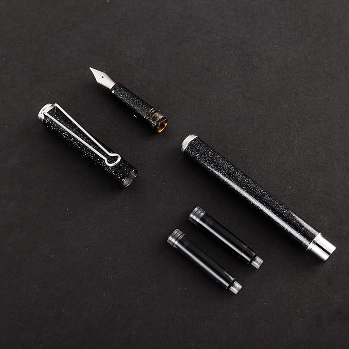 AIHAO Refillable Fountain Pen, Fine Point, Metal Fountain Pen with Gift Box, Black Ink, 2 Ink Cartridges in one Set, Pearl Black Metal Pen.Fountain Pens for Writing