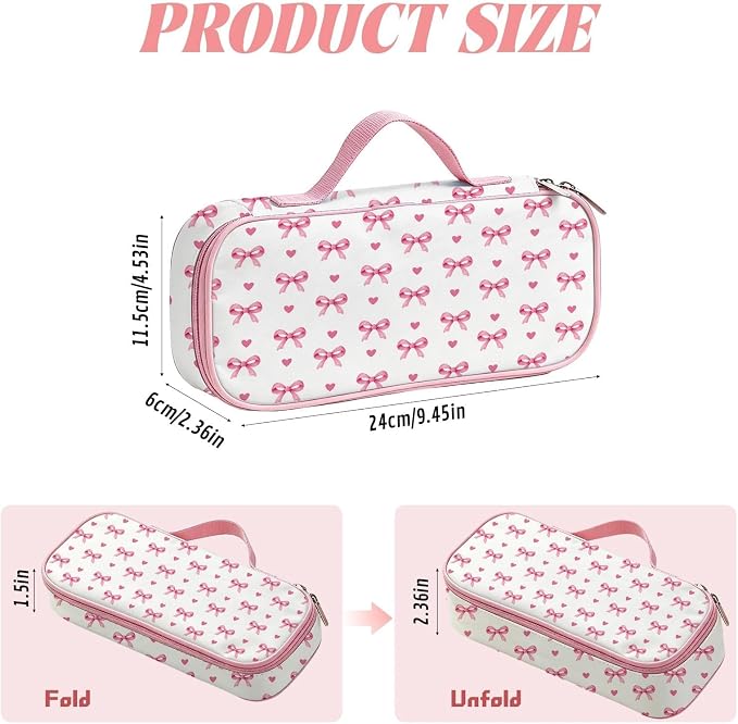 Pink Bow Pencil Case for Girls, Large Capacity Cute Kids Pencil Box with Zipper Compartments, Portable Pen Pouch Bag for Office School Travel