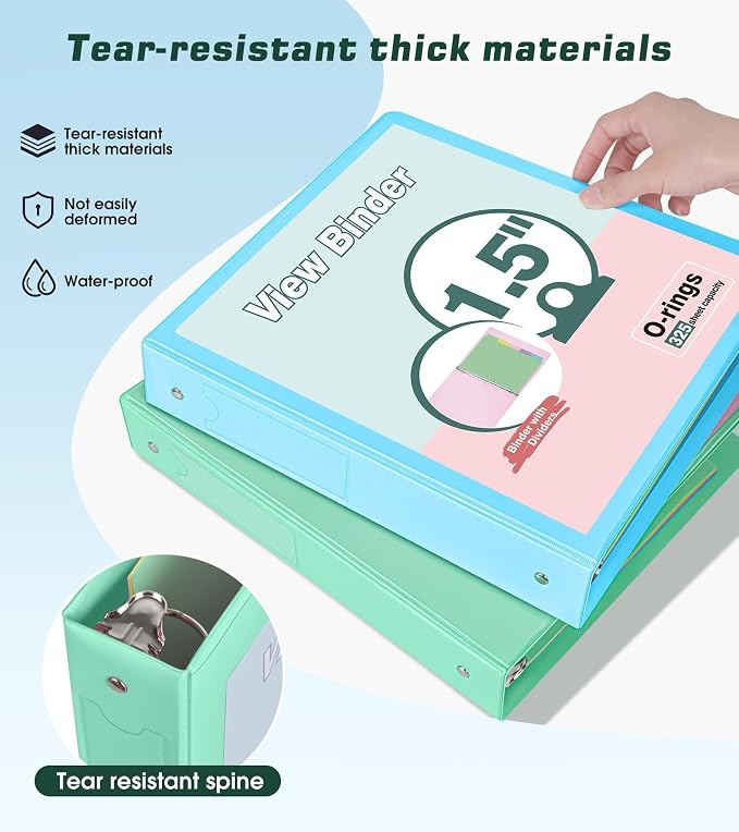 3 Ring Binder 1.5 inch，Cute Binder Organizer with 5 Tab Dividers Fits 175 Sheets of 8.5x11 Paper, Customizable Clear Cover with Inside Pockets,Aesthetic 1.5" Three Ring Binders for School Office,Green
