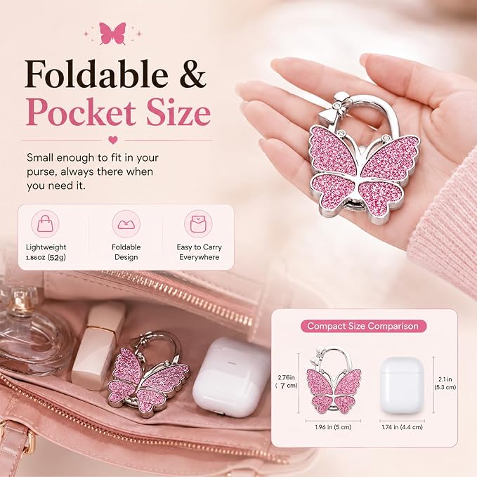 Purse Hook for Table, Foldable Handbag Hanger for Women, Portable Bag Holder with Non-Slip Base, Cute Colorful Glitter Butterfly Purse Table Hook for Restaurant Office Travel Gift