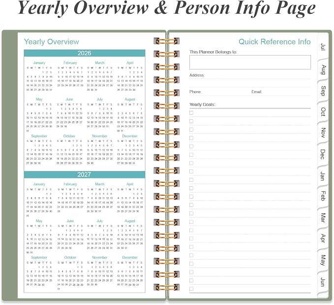 2026-2027 Pocket Planner/Calendar - 2026-2027 Planner from July 2026 - June 2027, Planner 26-27 with 12 Tabs, Twin-Wire Binding, Inner Pocket, 3.75" x 6.75, Green