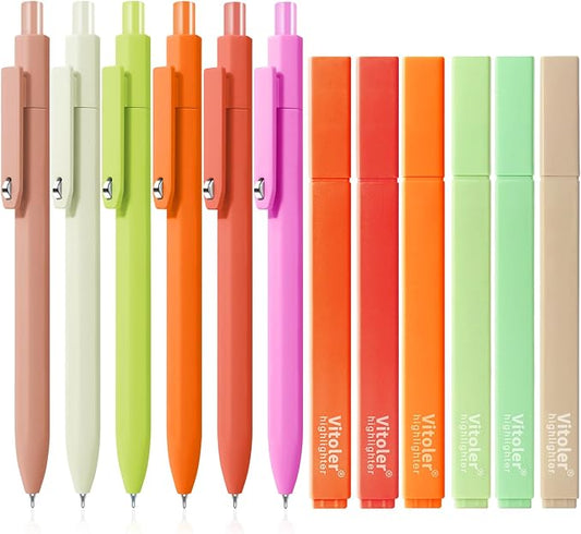 Piochoo Highlighters and Pens, 6PCS No Bleed Aesthetic Highlighters and 6PCS 0.5mm Black Ink Gel Pens for Journaling, School and Office Supplies