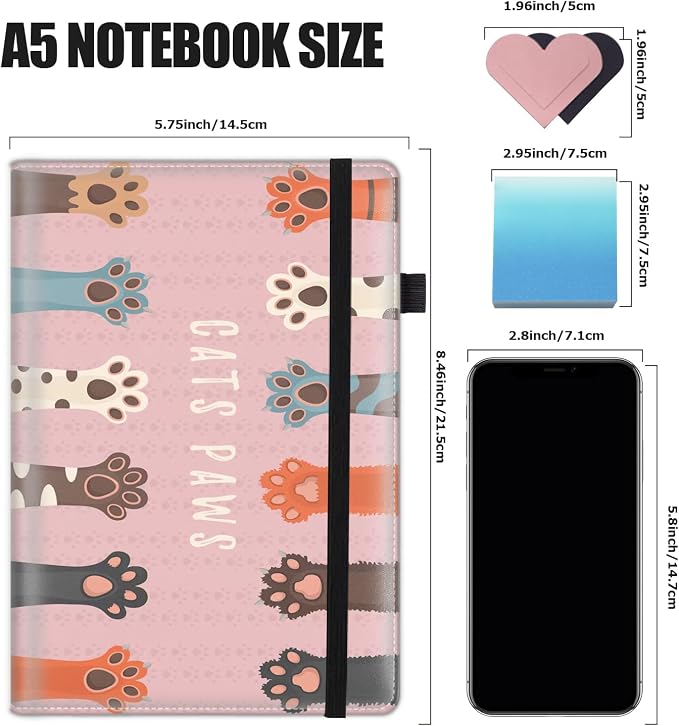 Hardcover Executive Notebooks, A5 PU Leather Lined Journal Notebook, 200 Pages Thick Paper Subject Notebooks for School,Work,Home Writing Business Notebook, Diary Book ，Cats Paws