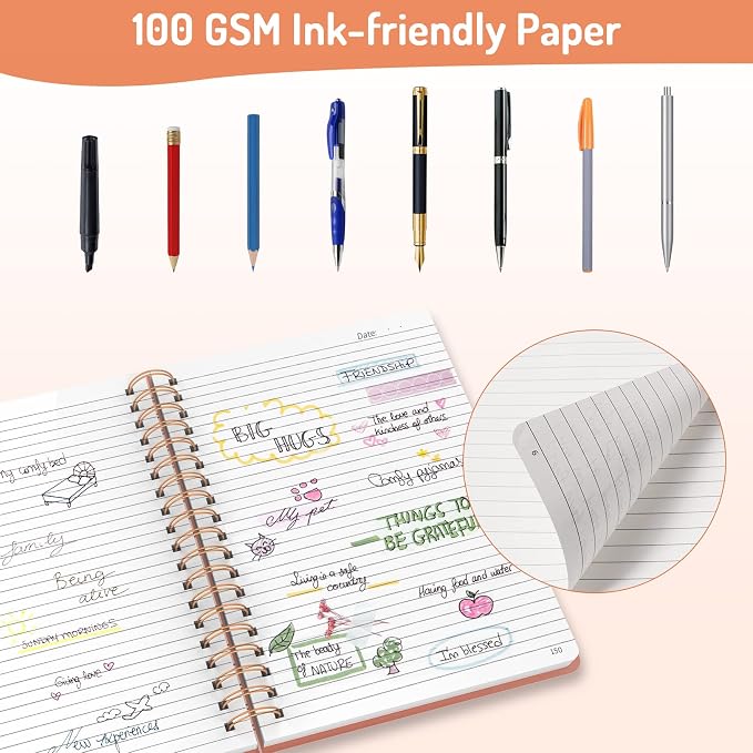 Forvencer Lined Spiral Journal Notebook with 300 Numbered Pages, B5 College Ruled Thick Journals for Writing with 100GSM Paper, Hardcover Notebooks with Contents for Work, School, Women, Men, Orange