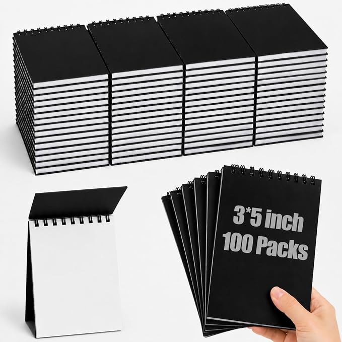 Watersay 100 Pack Small Spiral Notebook Bulk, 3x5 Pocket Notepads,Black | Memo Pads, Mini Blank Sketchbook, for School Office Grocery Shopping Lists, Back to School Gift, Students Rewards, 50 Sheets