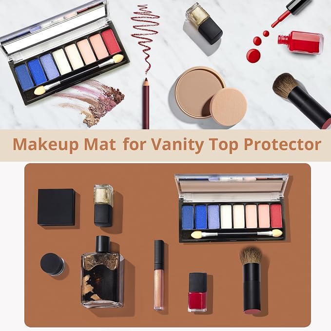 LovePads Makeup Mat for Vanity, 16 x 32 Dual-Sided Desk Pad & Vanity Cover Top, Waterproof PVC Protector Mat for Dresser, Nail Art, Craft Table (Brown+Beige)