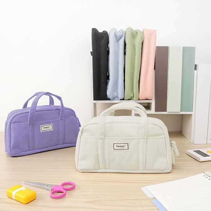 Sooez Large Pencil Case Pouch, Extra Big Pencil Bag with 5 Compartments, Pen Bag Wide Opening, Soft Corduroy Pencil Pouch Organizer with Zipper, Cute Aesthetic School Supplies for Girls-Light Purple