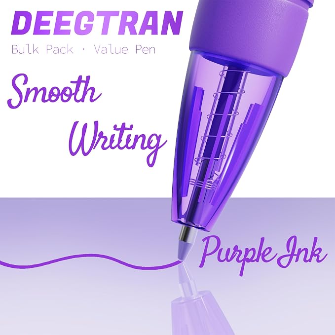 deegtran Pens Bulk, 30 Pack No Bleed Purple Ink Click Pens with Soft Grip, Wholesale Retractable Ballpoint Pens for Office School, Medium Point Smooth 1.0MM