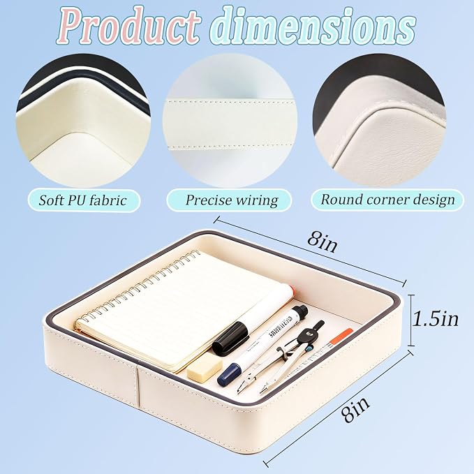 Faux Leather Square Vanity Tray 8x8x1.5 Inch, Decorative Makeup Jewelry Organizer for Dresser Bathroom Vanity Counter, Elegant Storage Tray for Perfume Skincare Cosmetics