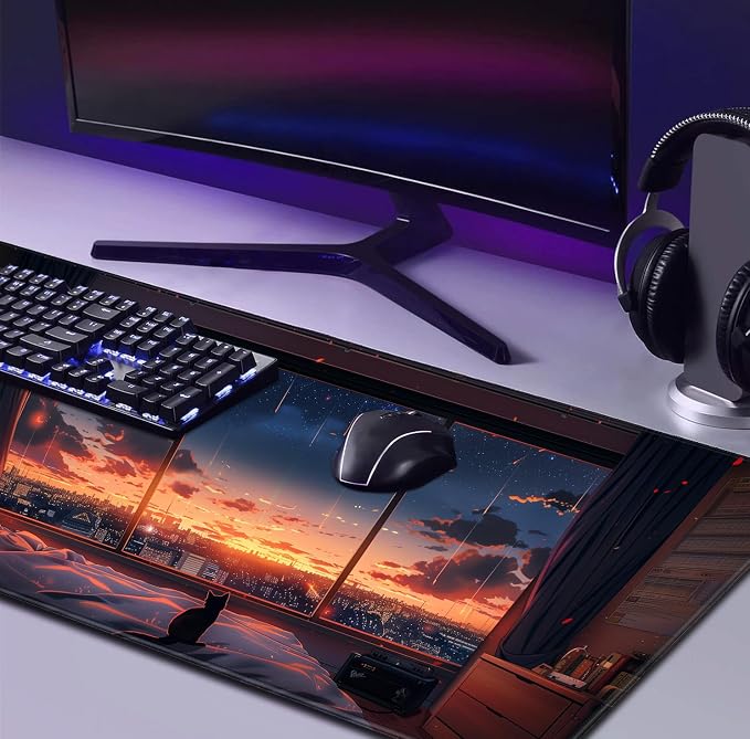 Sunset Night Cat Mouse Pad, Summer Night Scene Decoration Game Table Pad XL | Large Extended Mouse Pad; Full Desk Coverage; Waterproof Coating; Stable Anti-Slide Base For Gaming, Office, Study Daily Use