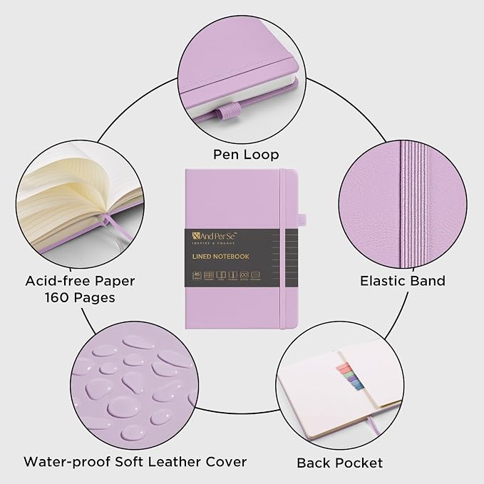 &And Per Se Lined Notebooks 3-Pack Gift Set, A5 Hardcover Journals, 160 Pages 100gsm Thick Paper, 3 Assorted Colors (Cyan, Purple & Light Green)