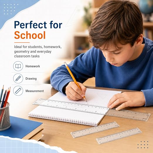 3 Pack Clear Acrylic Ruler Set, 6 Inch 8 Inch 12 Inch Straight Ruler | Transparent Plastic Measuring Tool with Centimeters and Inches for School Office Student