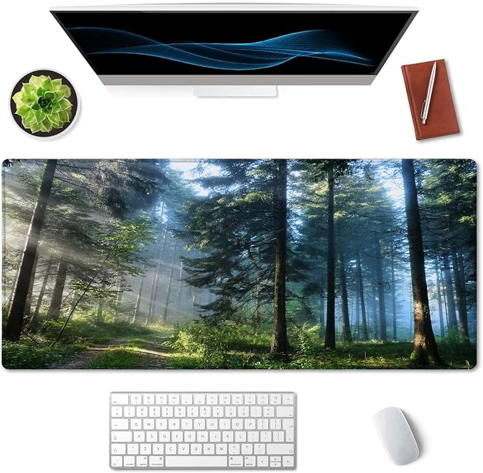 SSOIU Extended Gaming Mouse Pad XXL ArtSo Large Keyboard Mat Long Mousepad Desk Decor Writing Pad Non Slip Rubber Base Stitched Edges for Work, Game, Office, Home, 35.5" x 15.7", Forest Morning