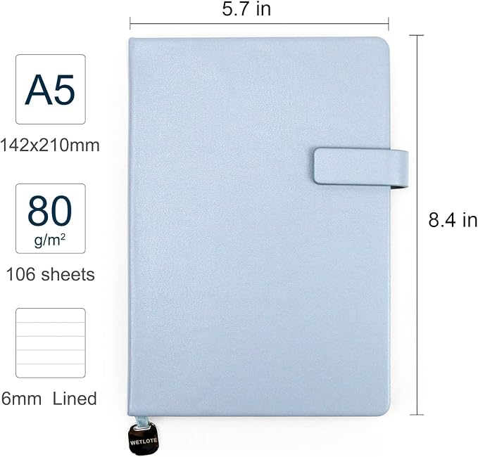 A5 Hard Cover Lined Notebook, Pen Holder & Gold Edges, 180° Lay Flat Journal, Large 5.7 x 8.4 in, Bookmark & Gift Box, Business Notebook for Work, Study, Travel(Light Blue)