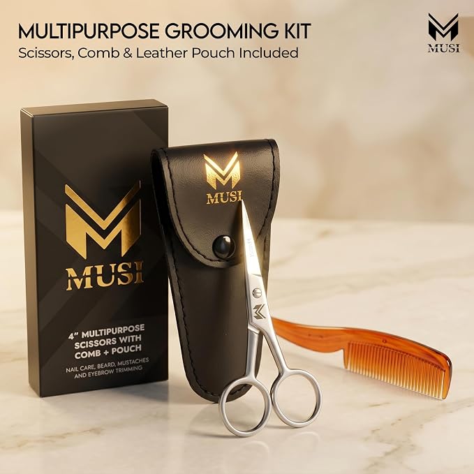 MUSI 4 Inch Eyebrow Scissors - Muti-purpose Small Scissors for Mustache, Beard, Nose Hair, Nail, Ear & Eyelash Trimming - Professional Stainless Steel Mini Grooming Scissors for Men Women with Comb