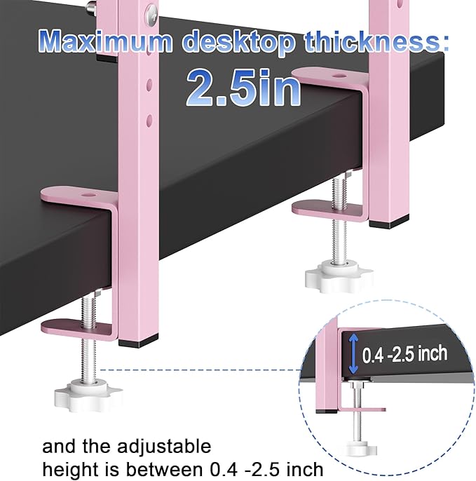 Spacrea Clamp on Desk Shelf, 2 Tier Office Desk Shelves Organizer, Wood Desktop Supplies Storage Rack, Desk Organizers and Accessories (Pink)