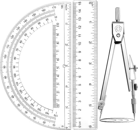 Zonon 3 Pcs Plastic Ruler 6 Inch Protractor Drawing Compass Set, Student Geometry Math Transparent Measuring Tools for Home School Classroom Office Supplies(6 Inch,Clear)