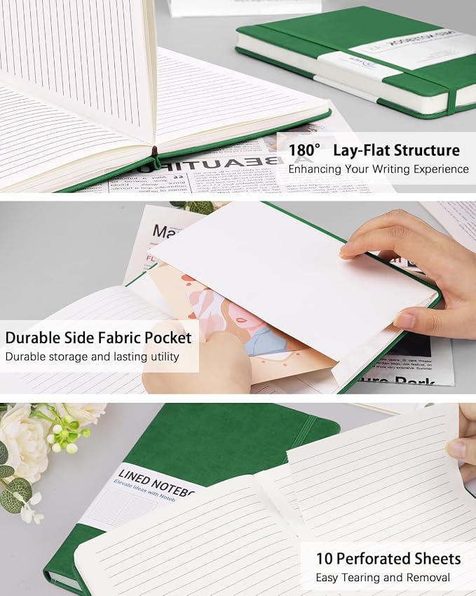 Dynta Hardcover Journal Notebooks, 10 Packs A5 Lined Journals Bulk for Writing 200 Pages/100Sheets, 8.4 x 5.8 inch, Classic Ruled Notebook for Work/Travel/College/Note Taking(Dark Green)