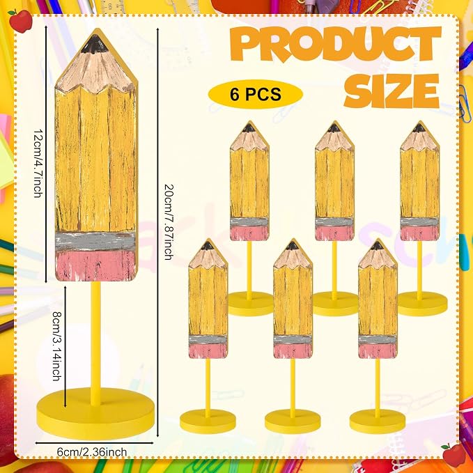 6 Pcs Back to School Table Decor Wooden Pencil Table Centerpieces Farmhouse Rustic Pencil Decorations for First Day of School Classroom Desk Home Shelf Tiered Tray Tabletop Decor