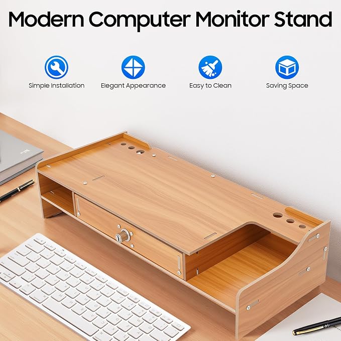 Wooden Monitor Stand for Desk, Monitor Riser Computer Stand Desktop Storage Stand for Computer Monitor Stand with Drawer and Lock Laptop Desktop Organizer for Home Office 19" x 7.9"