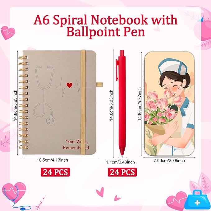 Fulmoon 24 Set Nurse A6 Spiral Notebook with Ballpoint Pens 50 Sheets, 4"x 6" Small College Ruled Notepads Journaling Notebooks Bulk Nurse Graduation Gifts for Women