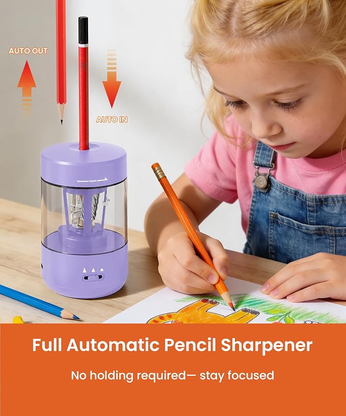 Electric Pencil Sharpener for Classroom, Fully Automatic Pencil Sharpener for 6-8mm Pencils & Colored Pencils, Auto in & Out, Type-C Rechargeable Pencil Sharpeners for Home, School, Purple