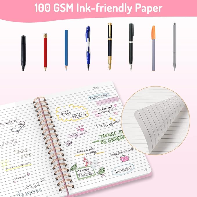 Forvencer Lined Spiral Journal Notebook with 300 Numbered Pages, B5 College Ruled Thick Journals for Writing with 100GSM Paper, Hardcover Notebooks with Contents for Work, School, Women, Men, Pink