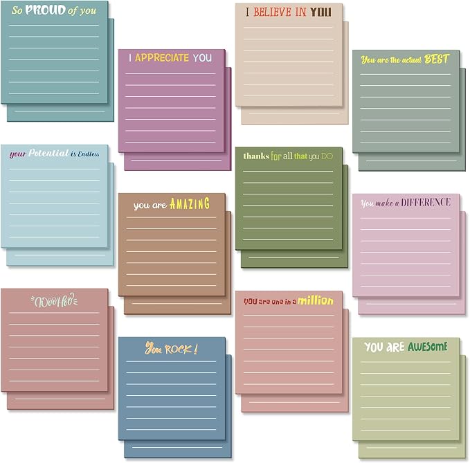 Yinder 24 Pcs Inspirational Sticky Notes, Back to School Supplies, Cute Motivational Sticky Notes Pad Employee Appreciation Gifts Bulk for Teacher Coworker Office 3 x 3'' (Appreciation,Morandi Color)