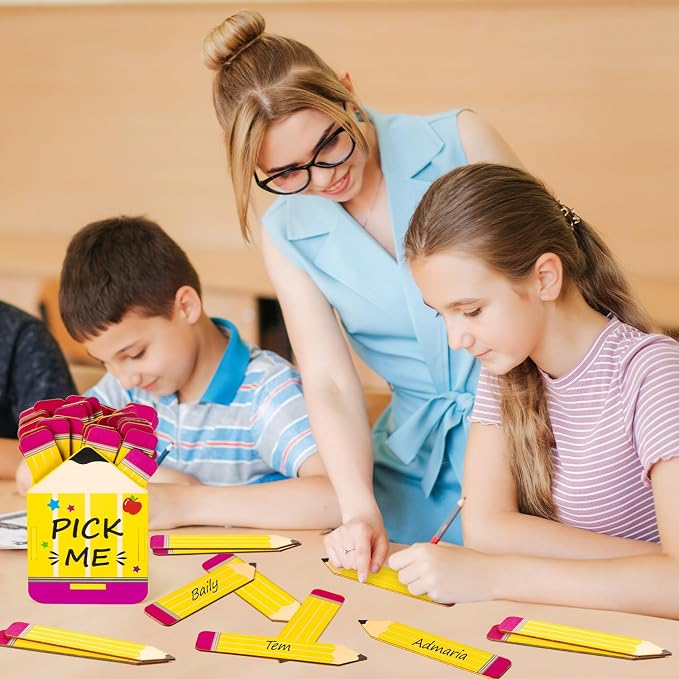 CJiangpo 51Pcs Pencil Flip Name Sticks with Wooden Pencil Shaped Holder | Talking Flip Name Sticks, Classroom Management, Educational and Learning Activities, Grouping Back to School Supplies