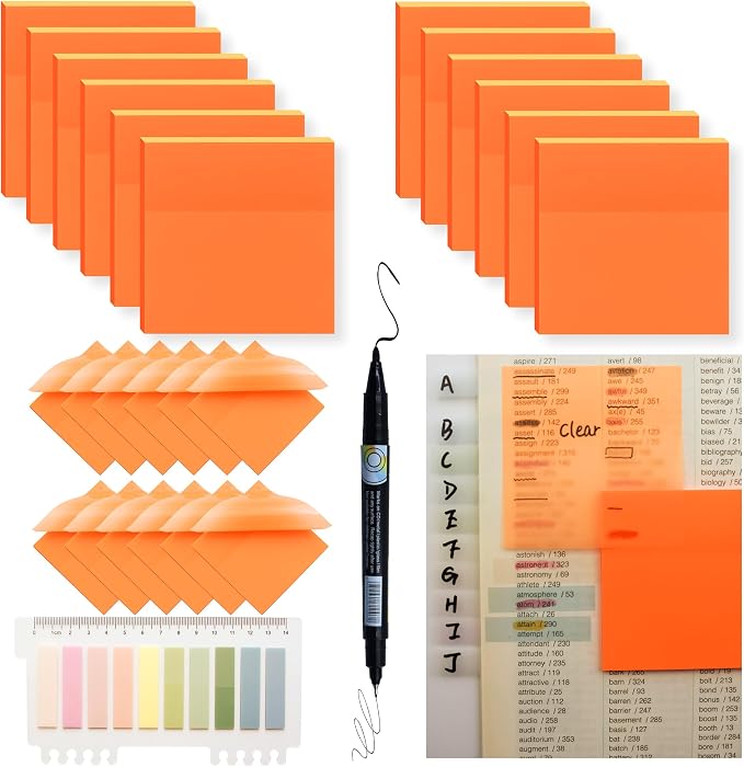 YOUDEFUL 800Pcs Transparent Sticky Notes, Bright Orange Clear Sticky Notes, 3"x3" Waterproof Translucent Sticky Note Pads, Index Tabs, Clear Post it Notes for Bible Study, See Through Sticky Notes