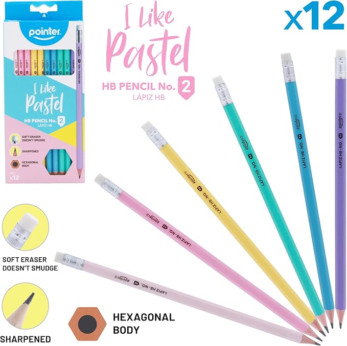 Pointer Pastel HB Pencils with Soft Eraser, Hexagonal Body, Pre-Sharpened, Assorted Colors, 12 Count | #2 HB Writing Core Pre-Sharpened Tips Built-In Erasers Hexagonal Anti-Roll Design Back to School Essential