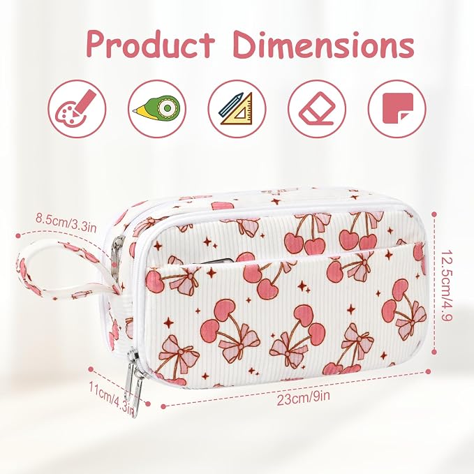 BuyCard Large Capacity Pencil Case, White With Pink Cherry Pattern, Corduroy Pencil Bag with Zipper Closure, Graduation Gift Office Stationery Storage Pen Pouch for Classroom Teacher