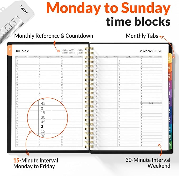 SUNEE 2026-2027 Appointment Book, Quarter-Hourly, Weekly & Monthly - from July 2026 to June 2027, 6.4"x8.3" Academic Planner, Flexible Cover, Note Pages, Bookmark, Spiral Binding, Black