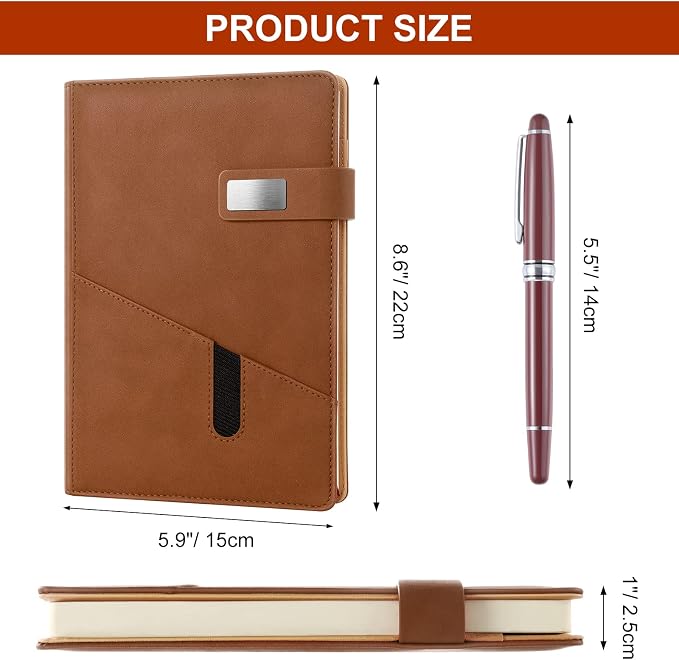 A5 Lined Leather Journal with Pen, 240 Pages Refillable Hardcover Notebook with Pocket and Magnetic Buckle, 80gsm Thick Daily Diary for Men and Women, Great Gift for Business School Travel Personal -