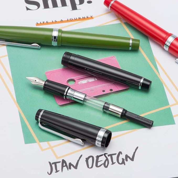 Jinhao 82 Avocado Green Acrylic Fountain Pen, Iridium Bent Nib Classic Design Smooth Writing Pen with Ink Converter (Silver Trim)